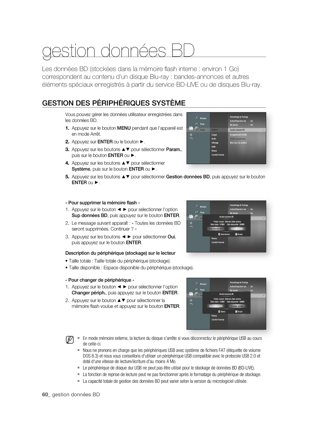 Samsung BD-P3600/XEF manual Gestion données BD, GeStion DeS PéRiPhéRiQUeS SYStÈMe, 0 gestion données BD, Les données BD 