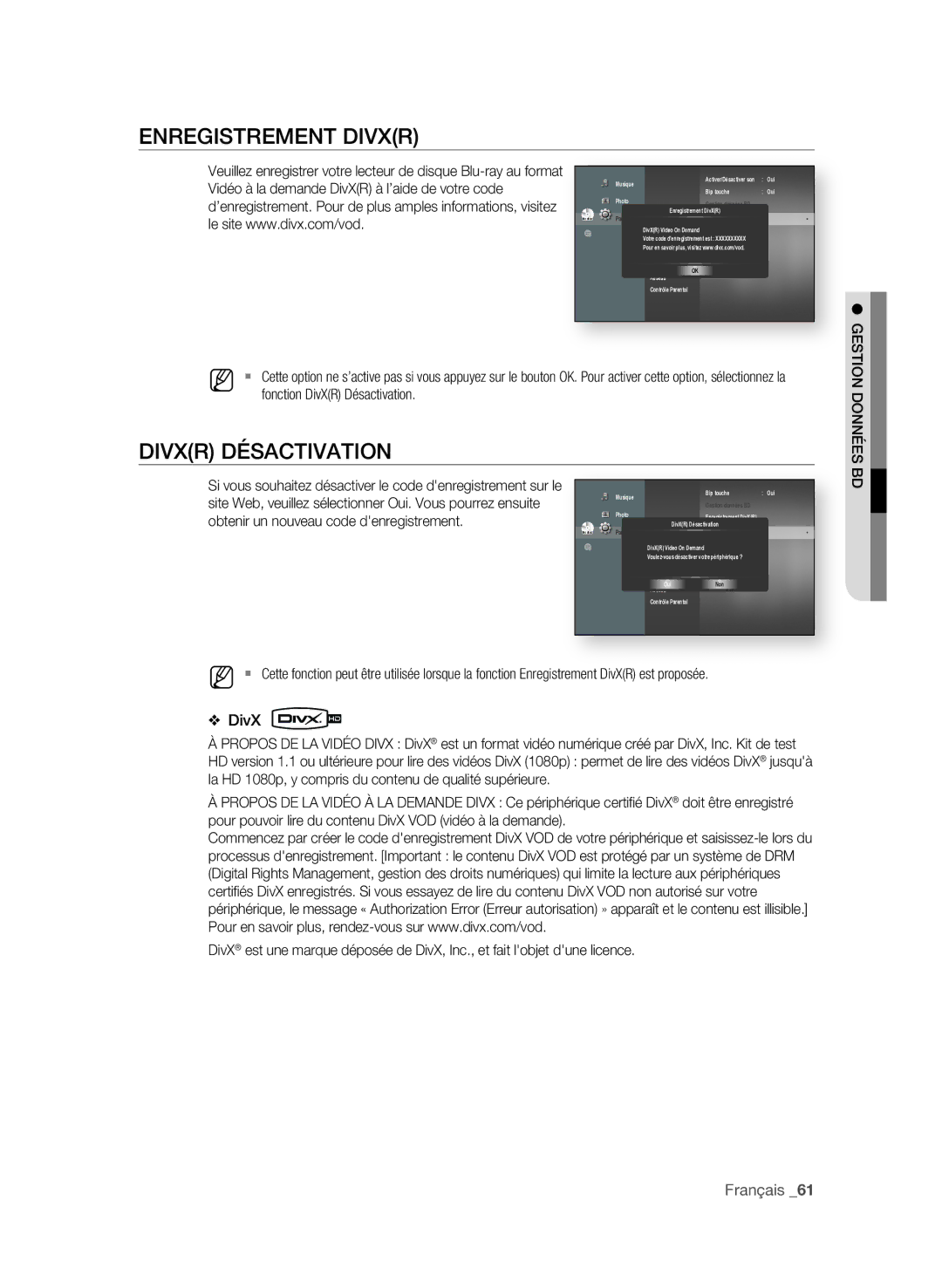 Samsung BD-P3600/XEF manual EnRegiStReMent DiVXR, DiVXR DéSACtiVAtion, DonnéeS, GeStion 