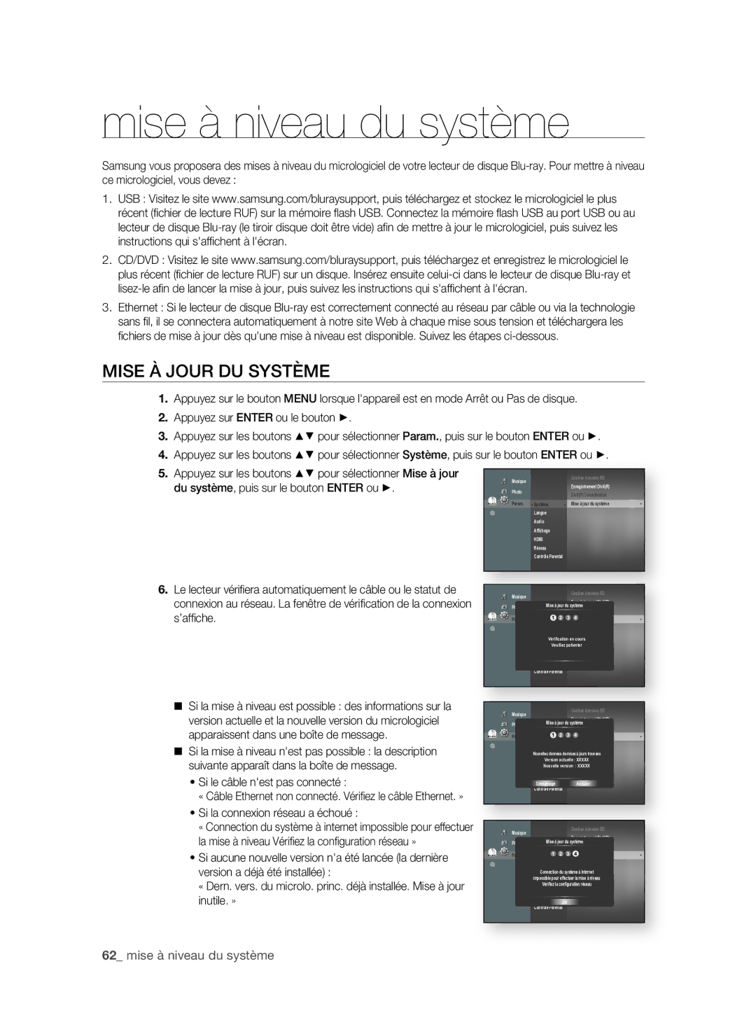 Samsung BD-P3600/XEF manual Mise à niveau du système, MiSe à JoUR DU SYStÈMe, 2 mise à niveau du système 