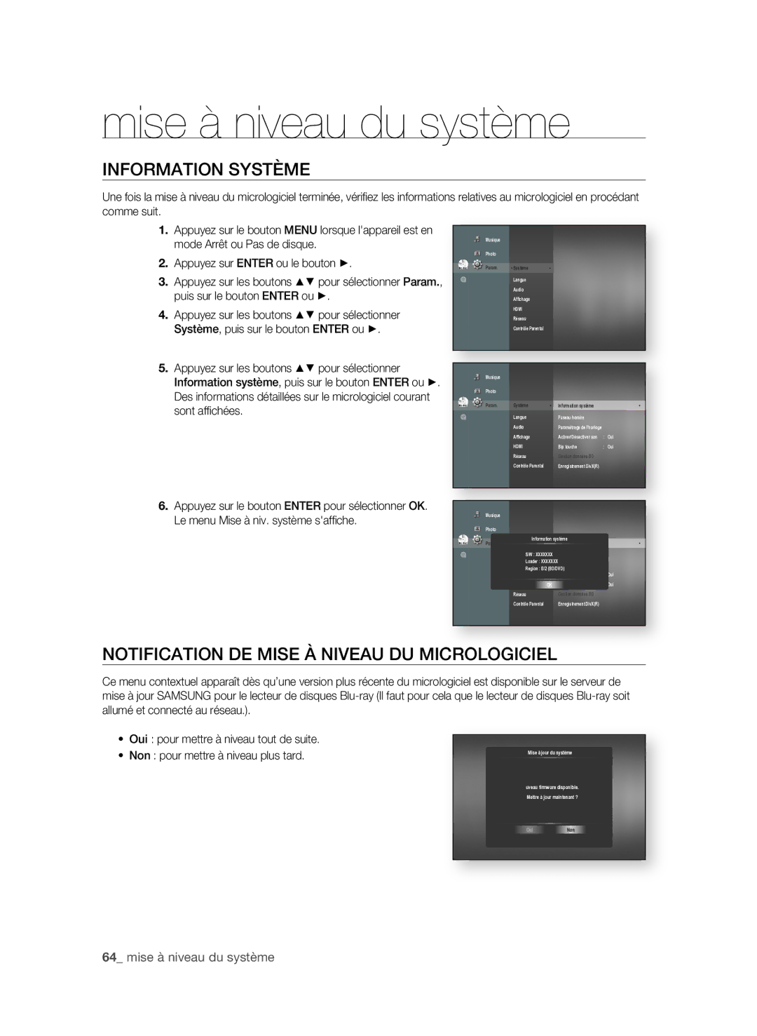 Samsung BD-P3600/XEF manual InfoRMAtion SYStÈMe, NotifiCAtion De MiSe à niVeAU DU Mi,  mise à niveau du système 