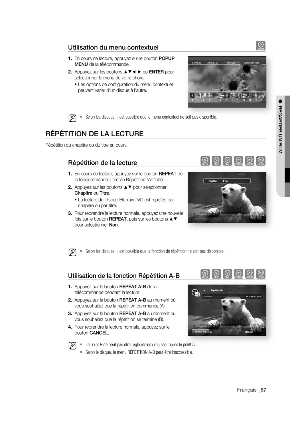 Samsung BD-P3600/XEF manual RéPétition De LA LeCtURe, Utilisation du menu contextuel, Répétition de la lecture 