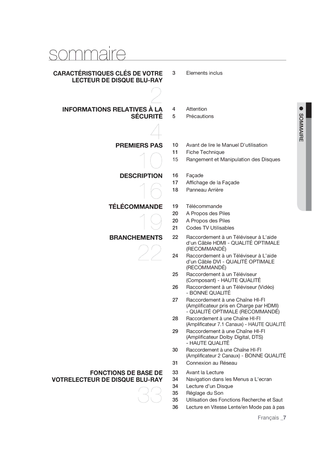 Samsung BD-P3600/XEF manual Sommaire, Bonne Qualité, Qualité Optimale Recommandé, Haute Qualité 