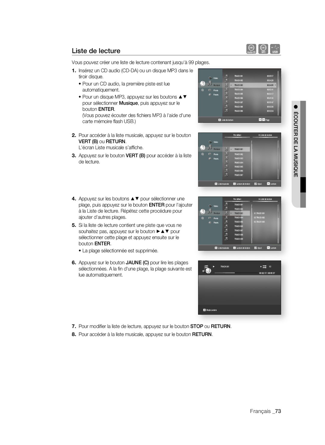 Samsung BD-P3600/XEF manual Liste de lecture, ÉCoUteR De LA MUSiQUe 