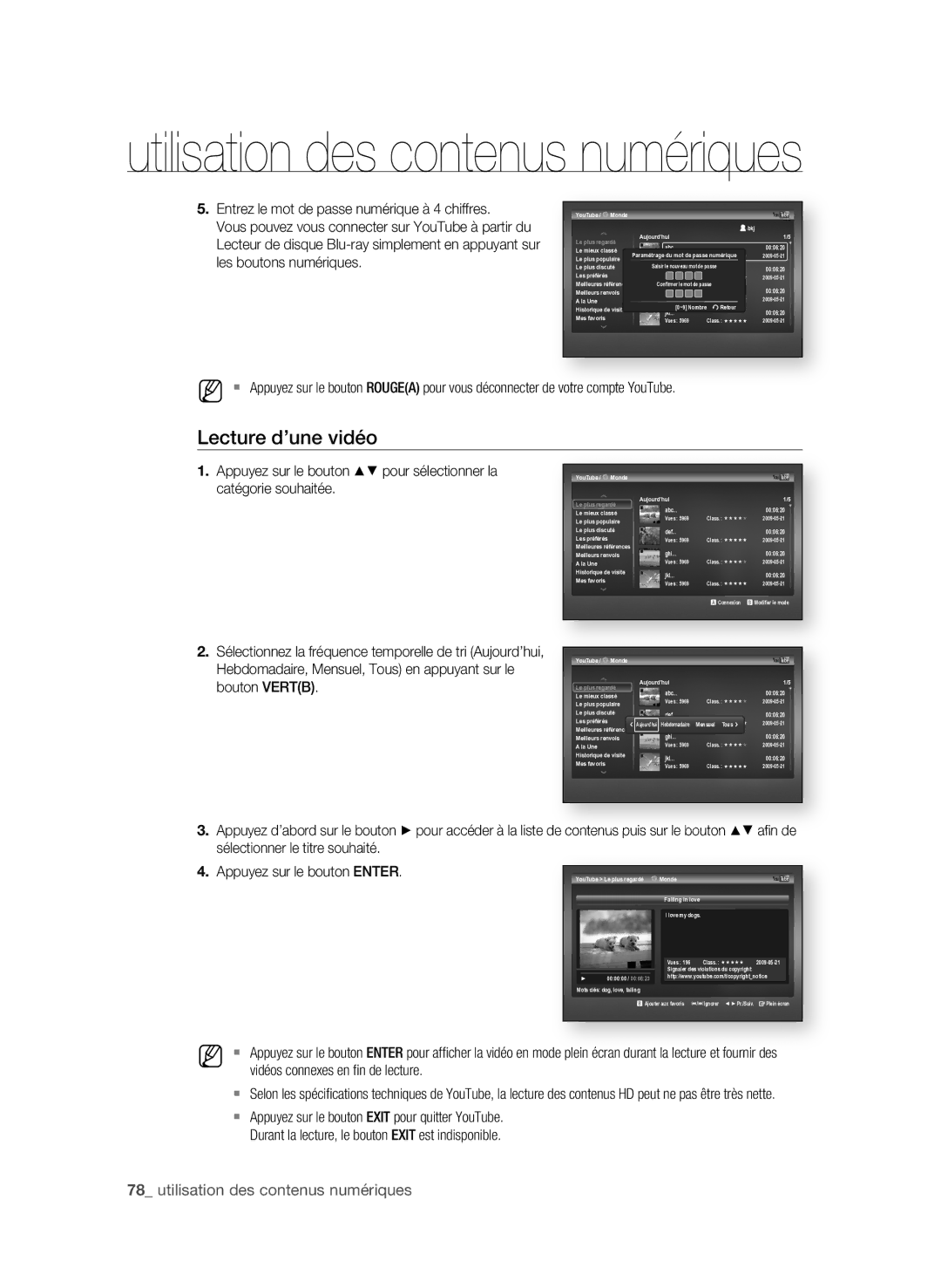 Samsung BD-P3600/XEF manual Lecture d’une vidéo, . Appuyez sur le bouton enteR 