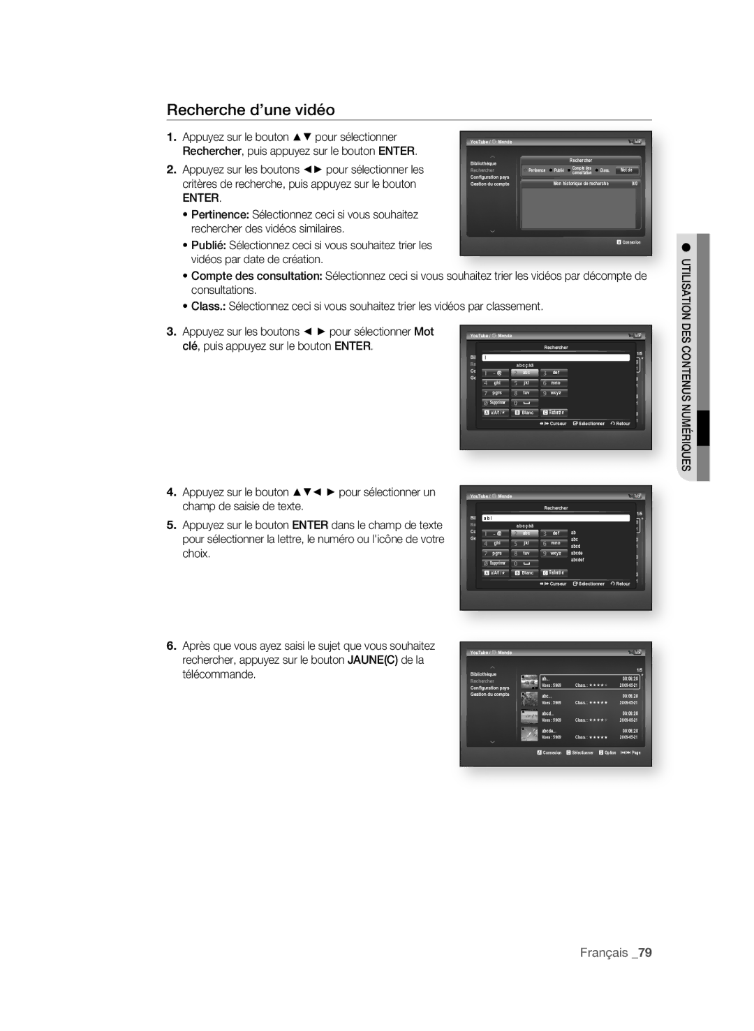 Samsung BD-P3600/XEF manual Recherche d’une vidéo, DeS ContenUS nUMéRiQUeS 