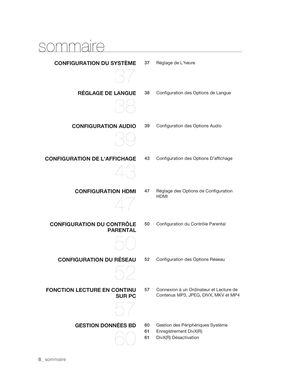 Samsung BD-P3600/XEF manual  sommaire, Réglage de Lheure, Configuration des Options Audio, Hdmi 