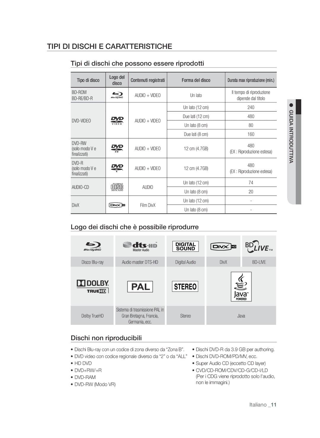 Samsung BD-P3600/XEF manual Tipi di dischi e caratTeristiche, Tipi di dischi che possono essere riprodotti 