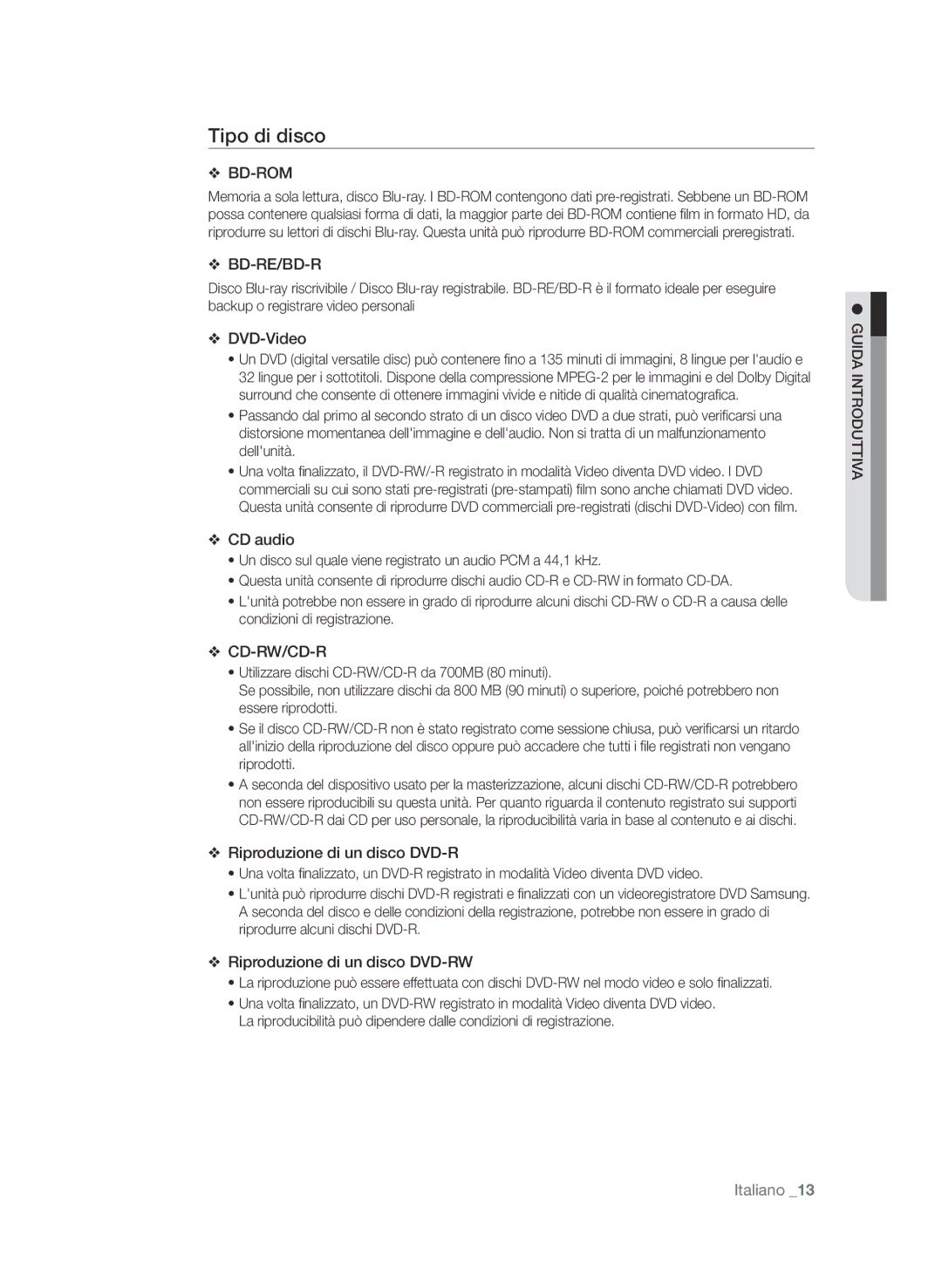 Samsung BD-P3600/XEF manual Tipo di disco, Va duttior intda gui 