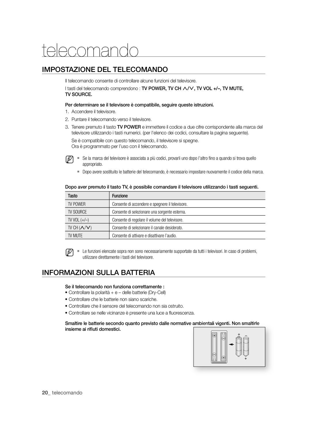 Samsung BD-P3600/XEF manual IMPoStAzione DeL teLeCoMAnDo, InfoRMAzioni SuLLA BAtteRiA, Telecomando 