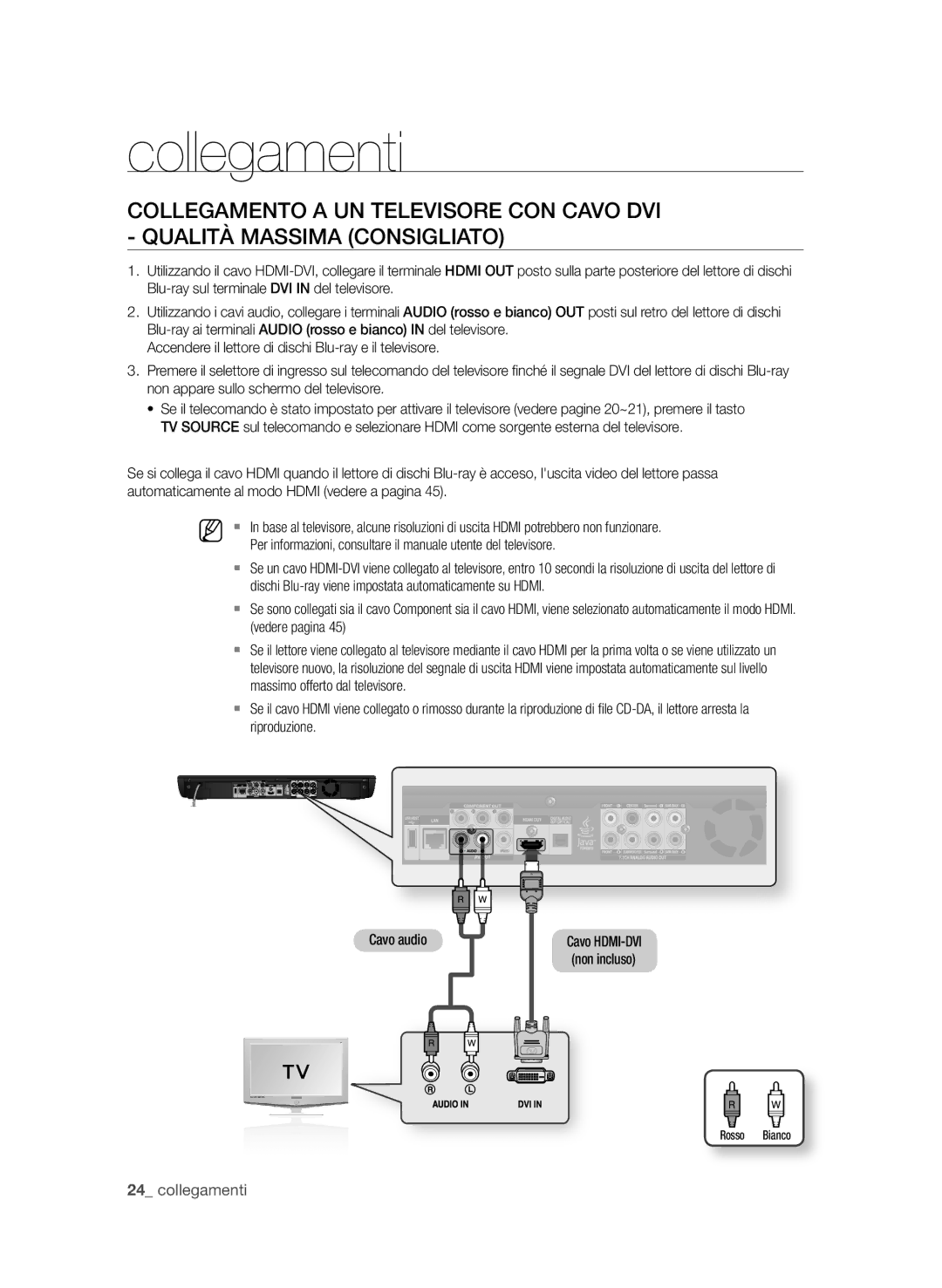 Samsung BD-P3600/XEF  collegamenti, Dischi Blu-ray viene impostata automaticamente su Hdmi, Vedere pagina, Cavo audio 