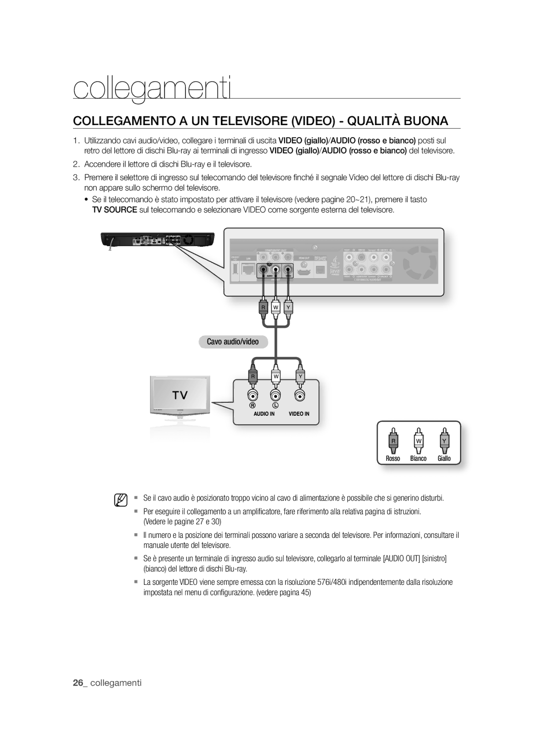 Samsung BD-P3600/XEF manual CoLLegAMento a un teLeViSoRe ViDeo QuALitÀ BuonA, Cavo audio/video 