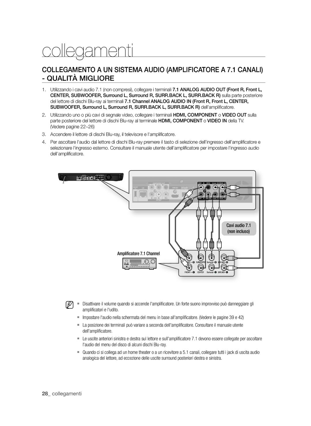 Samsung BD-P3600/XEF manual Amplificatore 7.1 Channel, Laudio del menu del disco di alcuni dischi Blu-ray 