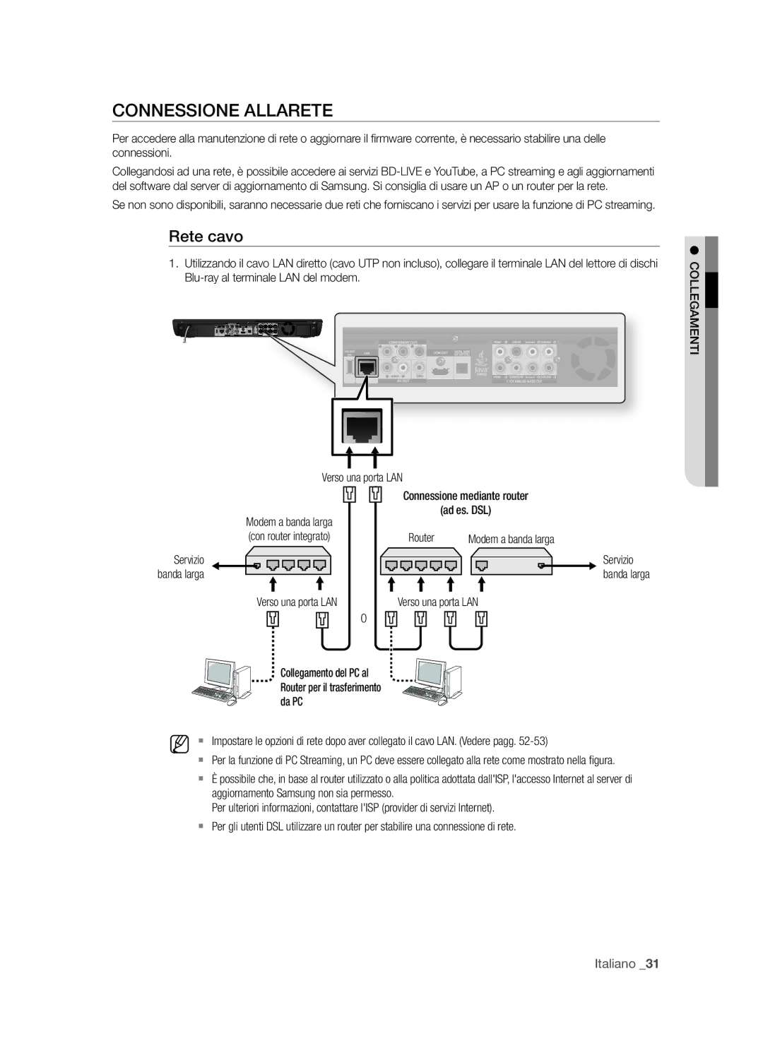 Samsung BD-P3600/XEF manual Rete cavo, Connessione mediante router Ad es. DSL Router 