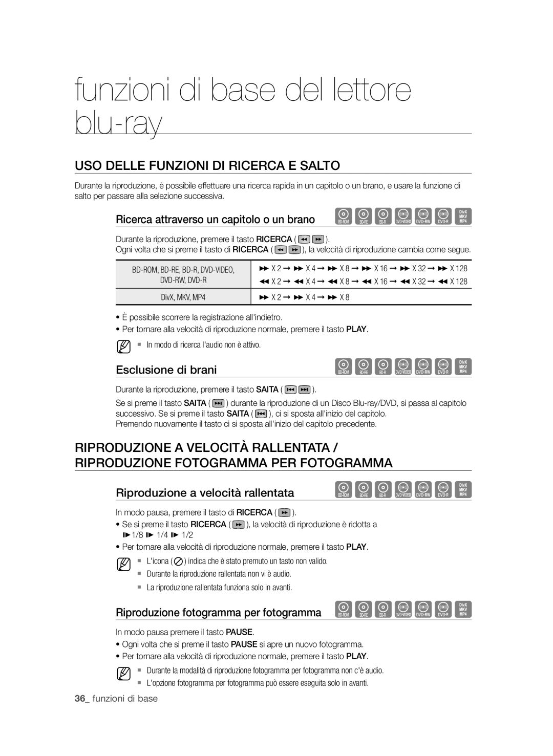 Samsung BD-P3600/XEF manual Uso delle funzioni di ricerca e salto, Ricerca attraverso un capitolo o un brano hgfZCV 