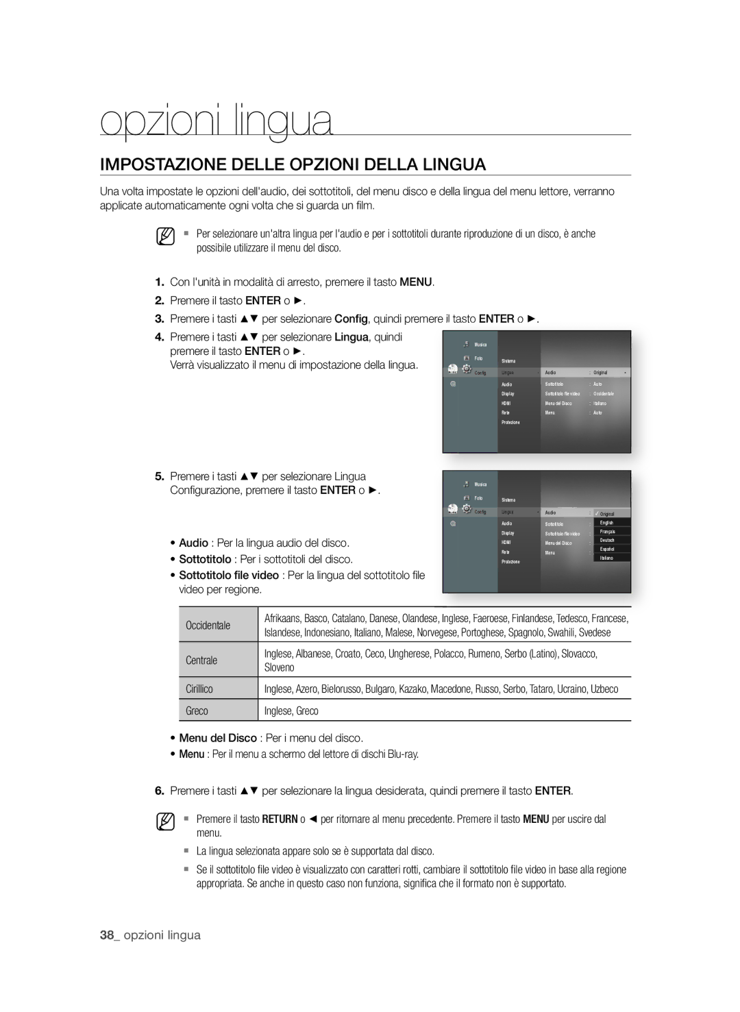 Samsung BD-P3600/XEF manual Opzioni lingua, IMPoStAzione DeLLe oPzioni DeLLA LinguA,  opzioni lingua 