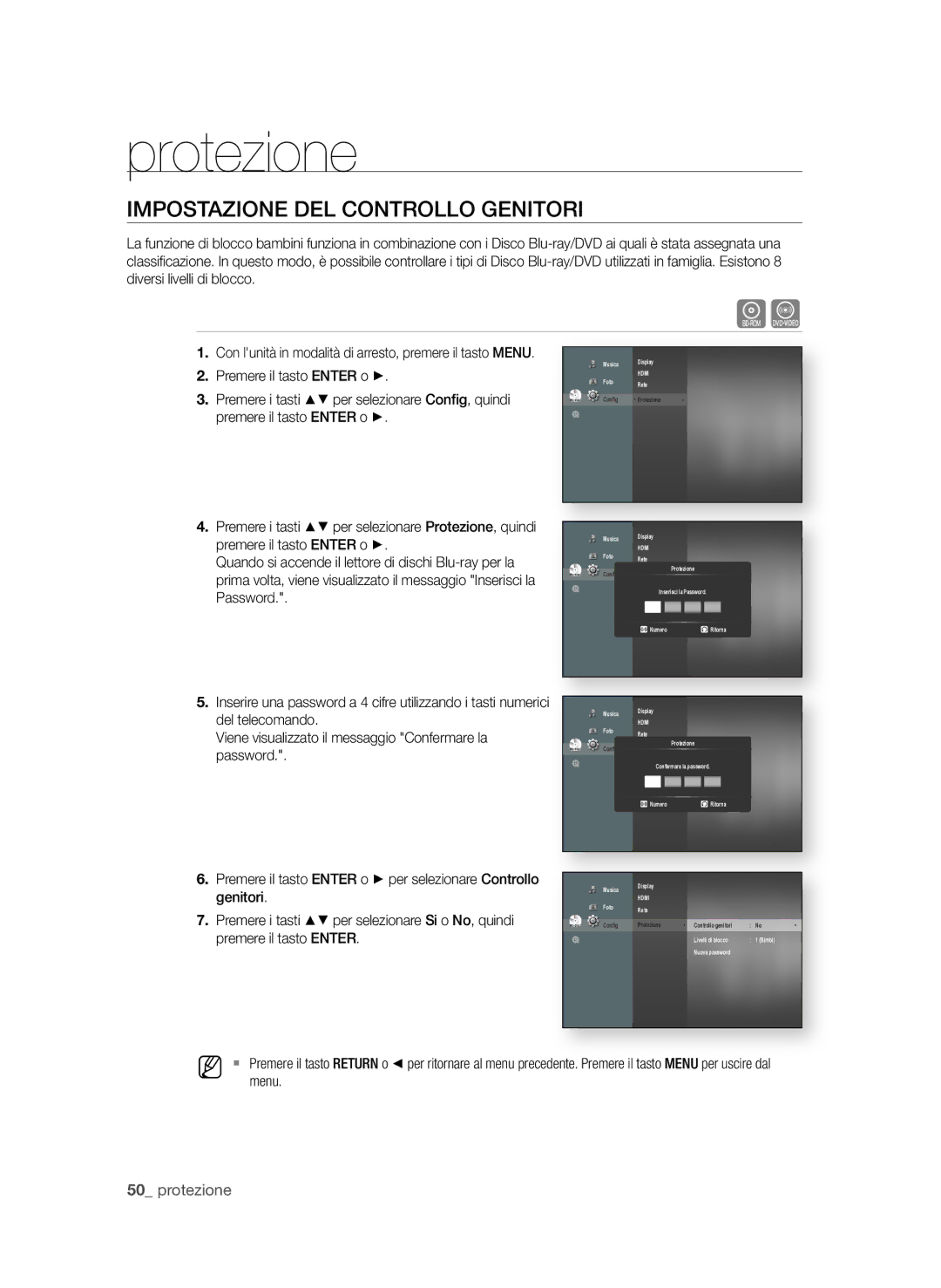 Samsung BD-P3600/XEF manual Protezione, IMPoStAzione DeL ContRoLLo genitoRi, 0 protezione 