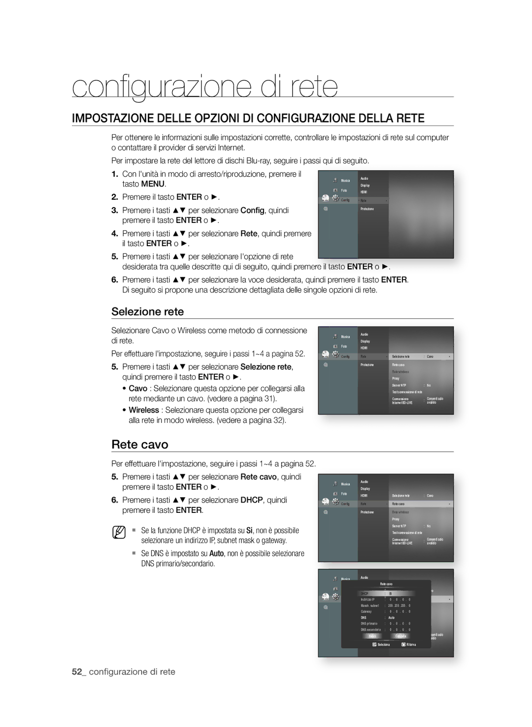 Samsung BD-P3600/XEF manual Conﬁ gurazione di rete, IMPoStAzione DeLLe oPzioni Di ConfiguRAzione DeLLA Rete, Rete cavo 