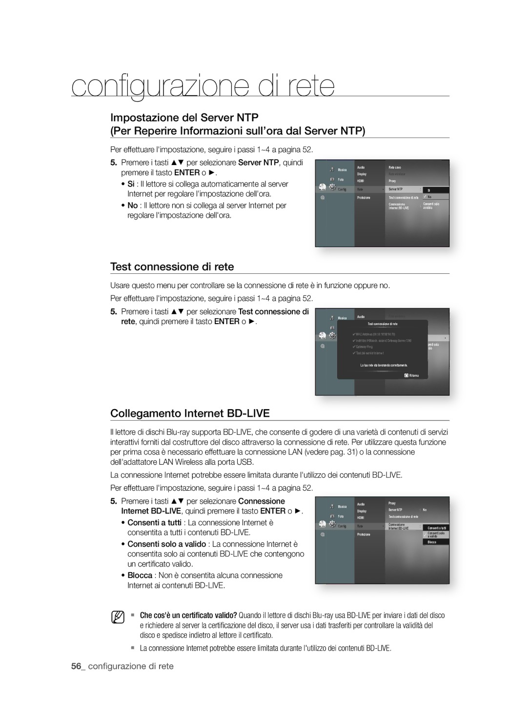 Samsung BD-P3600/XEF manual Test connessione di rete, Collegamento internet BD-LiVe 