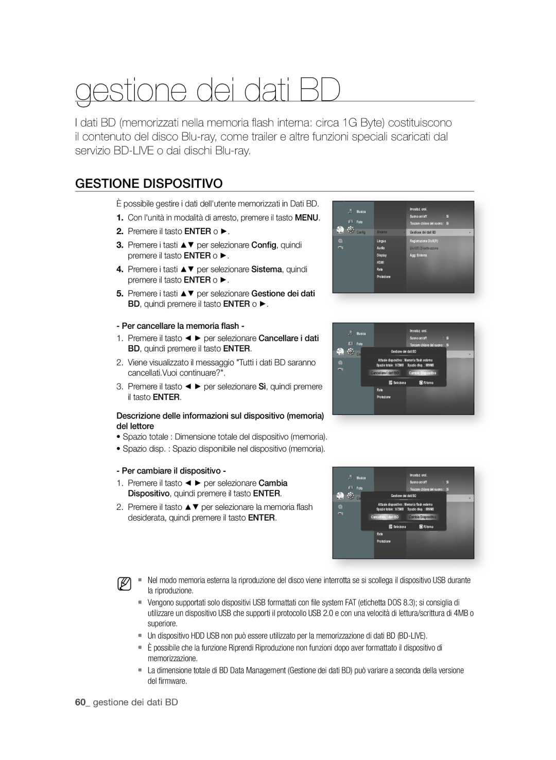 Samsung BD-P3600/XEF manual Gestione dei dati BD, GeStione DiSPoSitiVo, 0 gestione dei dati BD 