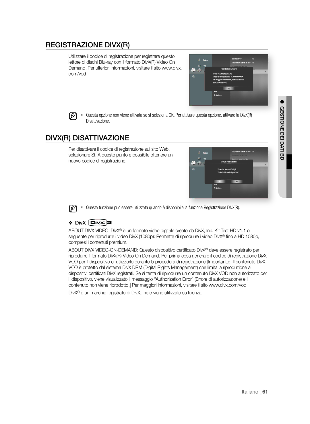 Samsung BD-P3600/XEF manual RegiStRAzione DiVXR, DiVXR DiSAttiVAzione, Disattivazione, GeStione Dei, DAti BD 