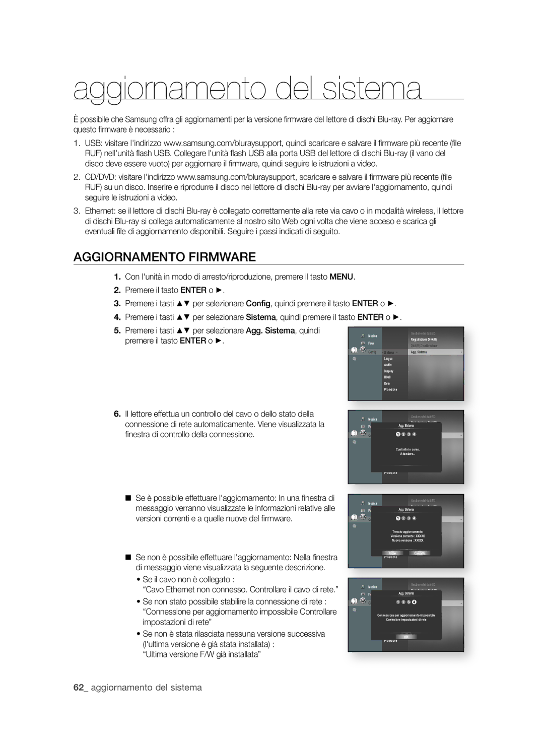 Samsung BD-P3600/XEF manual Aggiornamento del sistema, AggioRnAMento fiRMWARe, 2 aggiornamento del sistema 