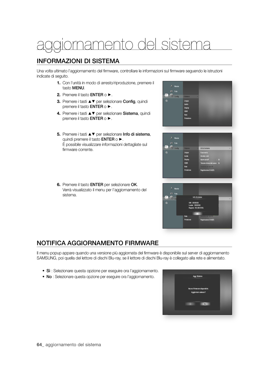 Samsung BD-P3600/XEF manual InfoRMAzioni Di SiSteMA, NotifiCA AggioRnAMento fiRMWARe,  aggiornamento del sistema 