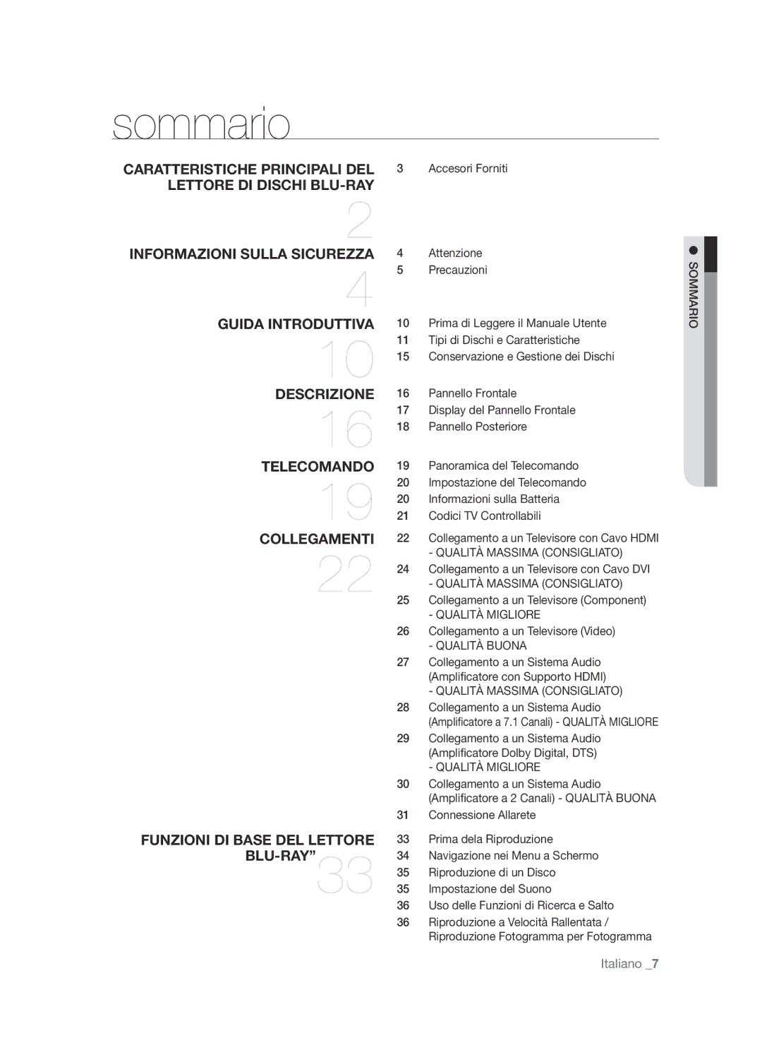 Samsung BD-P3600/XEF manual Sommario, Qualità Massima Consigliato, Qualità Migliore, Qualità Buona 