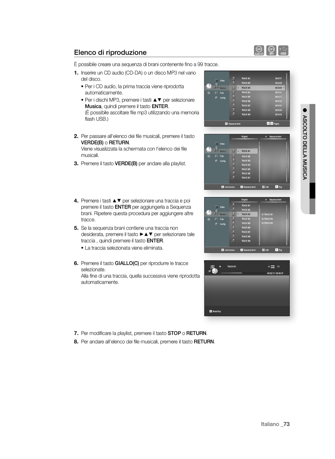 Samsung BD-P3600/XEF manual Elenco di riproduzione, ASCoLto DeLLA MuSiCA 