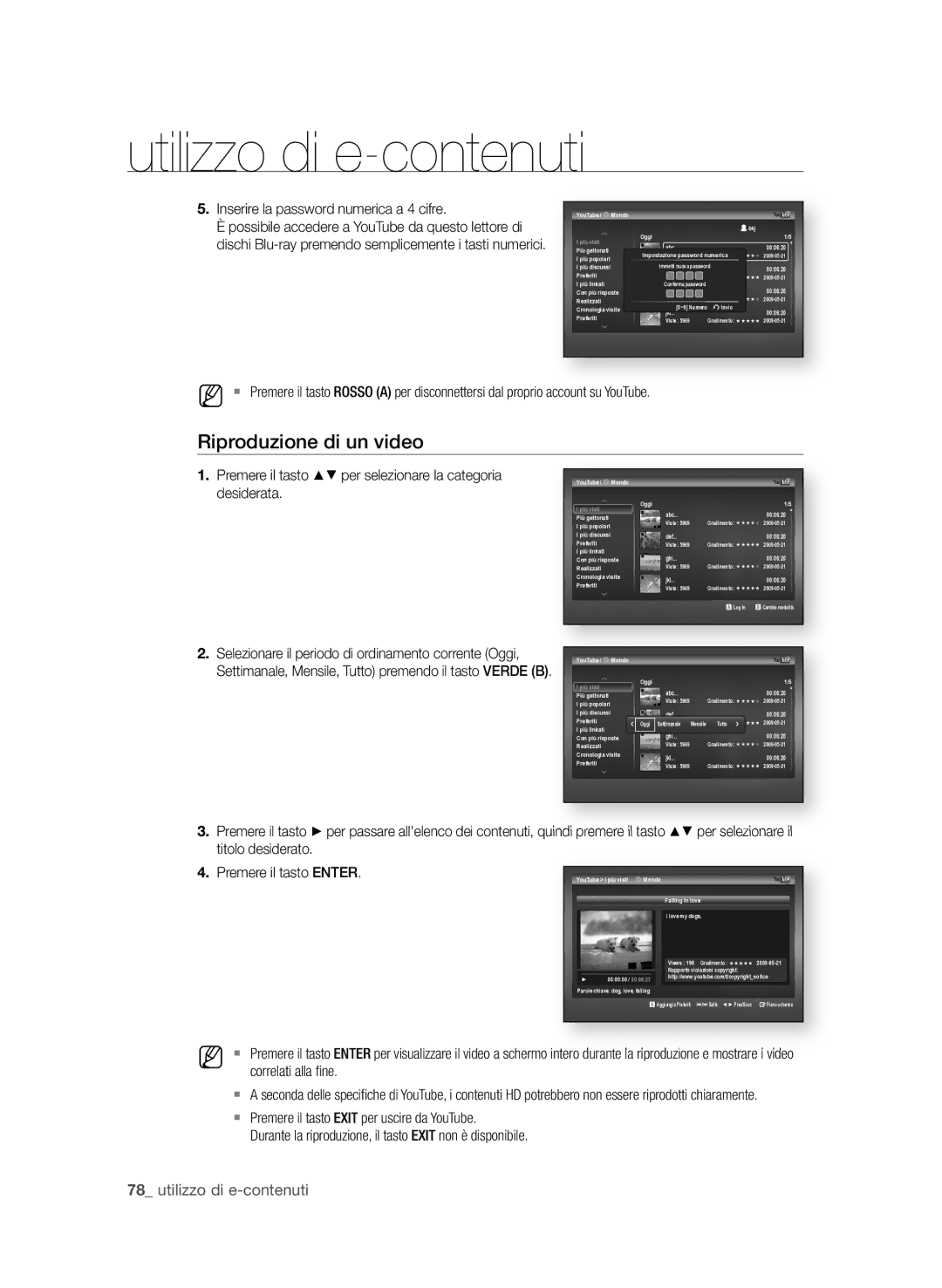 Samsung BD-P3600/XEF manual Riproduzione di un video, . Inserire la password numerica a 4 cifre, Premere il tasto per 