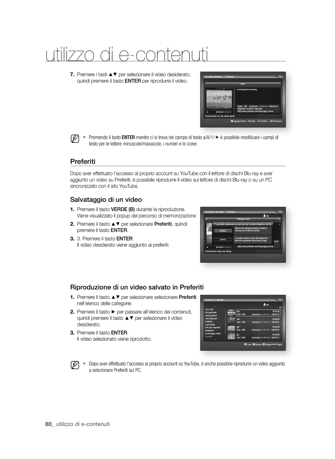 Samsung BD-P3600/XEF manual Salvataggio di un video, Riproduzione di un video salvato in Preferiti 