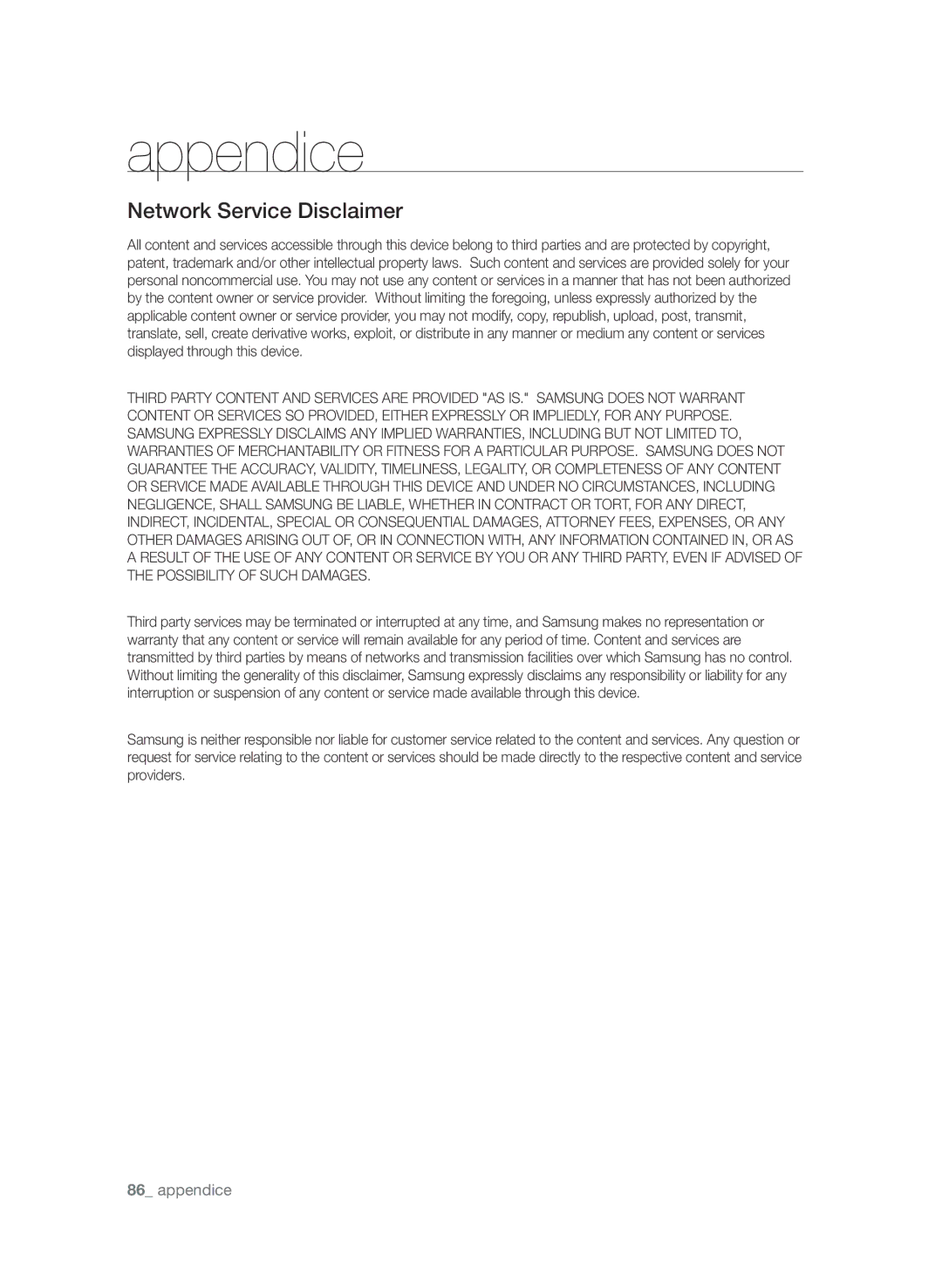 Samsung BD-P3600/XEF manual Network Service Disclaimer 