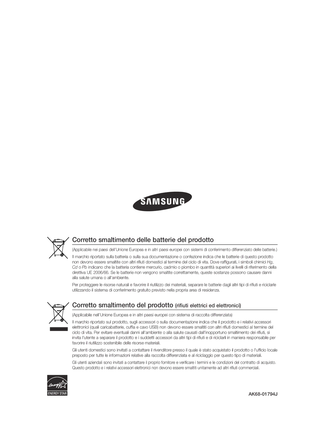 Samsung BD-P3600/XEF manual Corretto smaltimento delle batterie del prodotto 