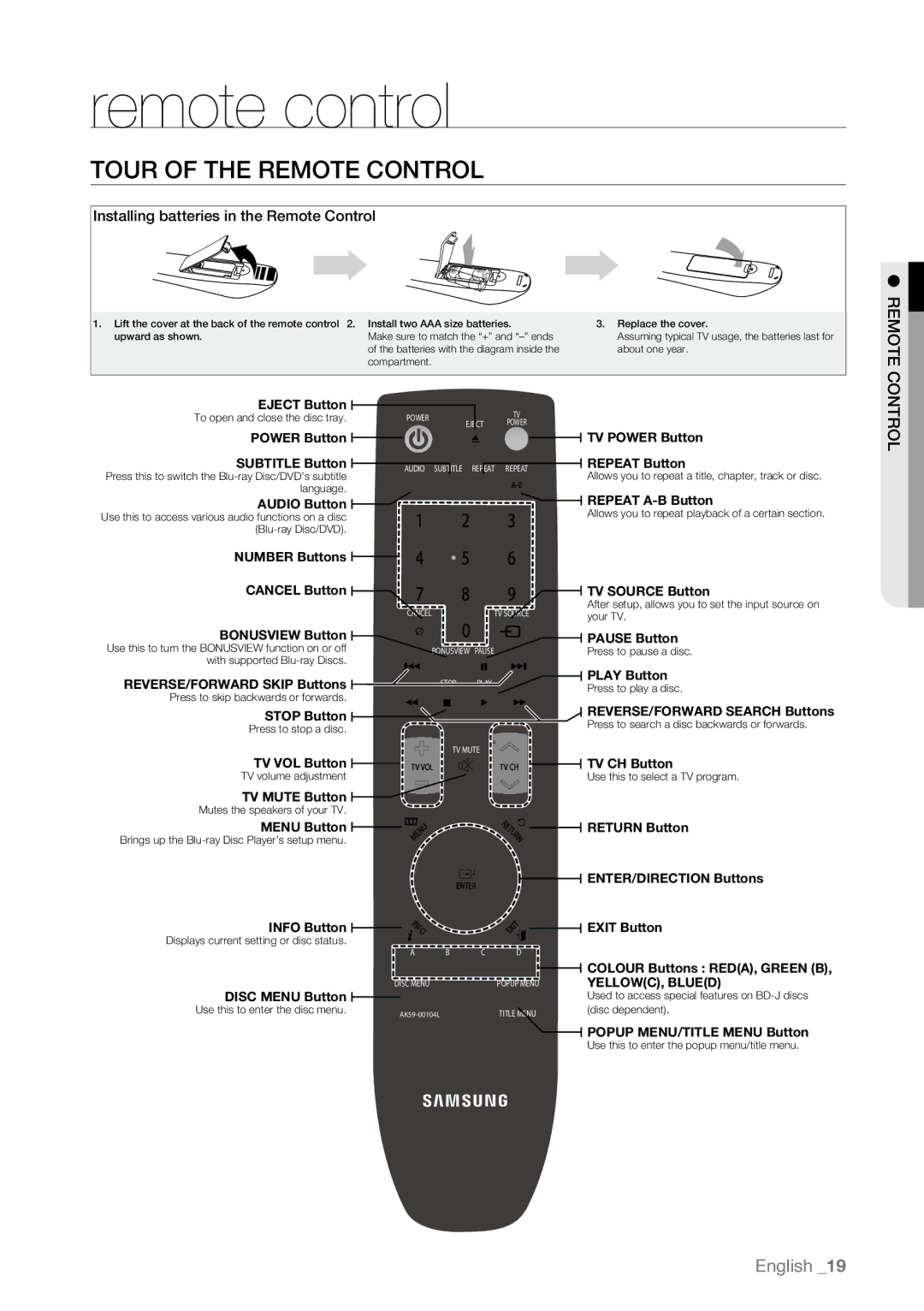 Samsung BD-P4600/XEU, BD-P4600/XEF, BD-P4600/EDC, BD-P4600/XEE Remote control, Tour of the Remote Control, Olrt NOC E Motre 