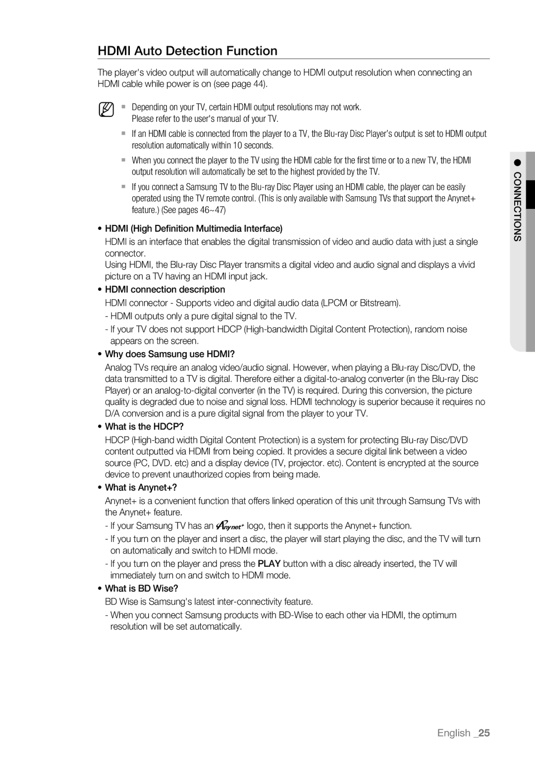 Samsung BD-P4600/XEF, BD-P4600/EDC, BD-P4600/XEE, BD-P4600/XEU manual Hdmi Auto Detection Function, ~ What is the HDCP? 