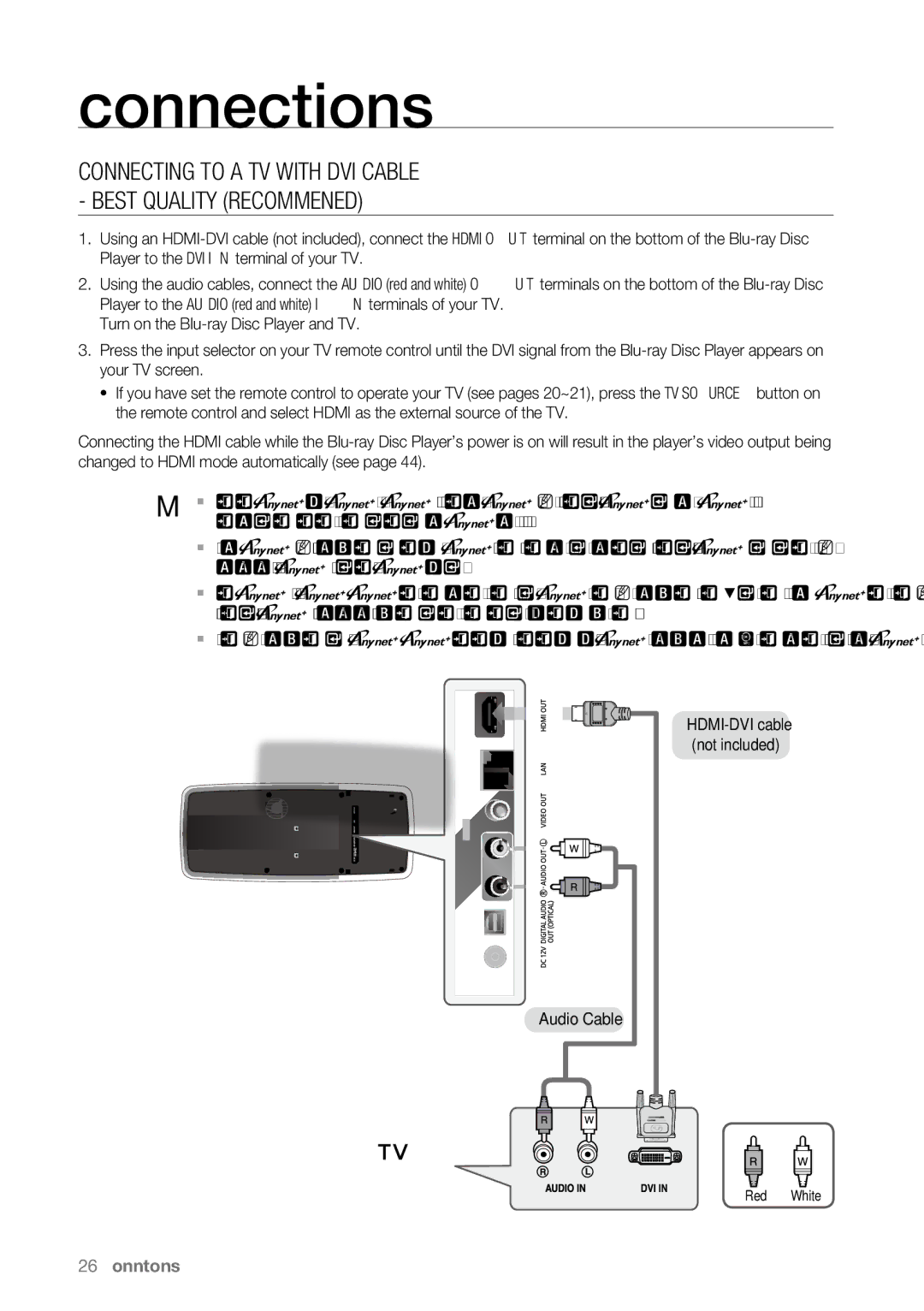 Samsung BD-P4600/XEF, BD-P4600/EDC, BD-P4600/XEE, BD-P4600/XEU manual Connecting to a TV with DVI Cable 