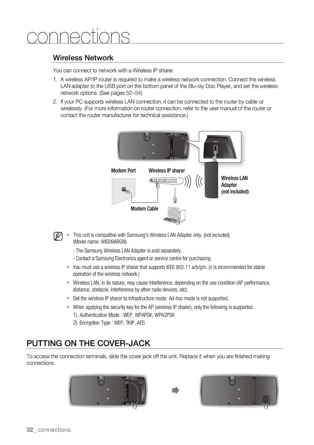 Samsung BD-P4600/EDC, BD-P4600/XEF manual Putting on the COVER-JACK, Wireless Network, Modem Cable, Model name WIS09ABGN 