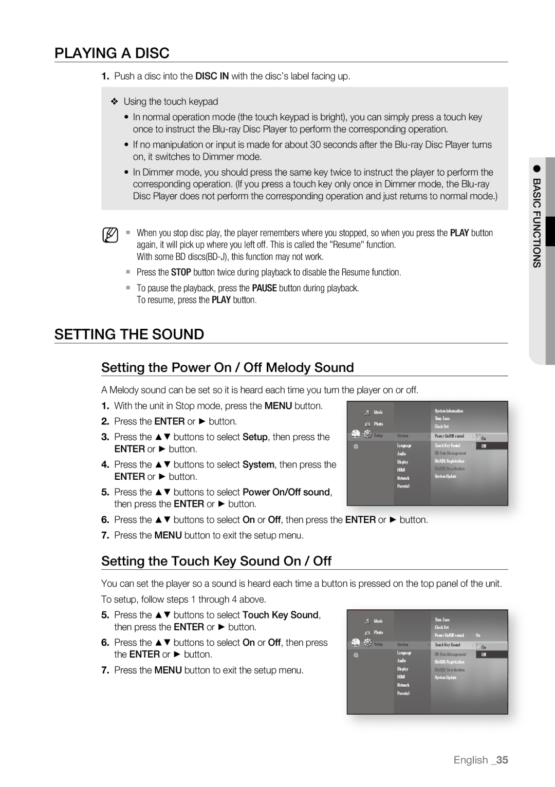 Samsung BD-P4600/XEF, BD-P4600/EDC manual Playing a Disc, Setting the Sound, Setting the Power On / Off Melody Sound 