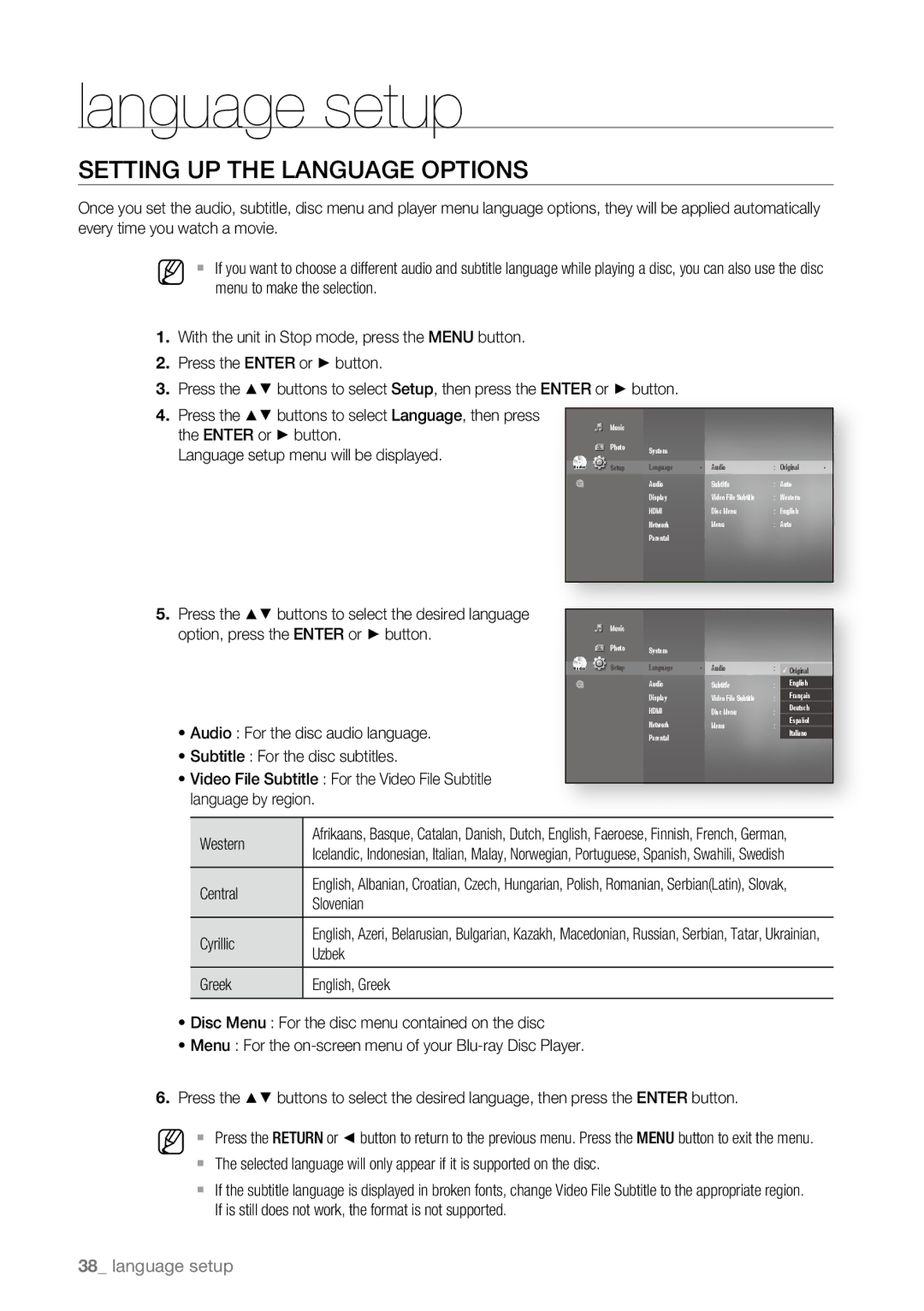 Samsung BD-P4600/XEE, BD-P4600/XEF, BD-P4600/EDC, BD-P4600/XEU manual Language setup, Setting up the Language Options 