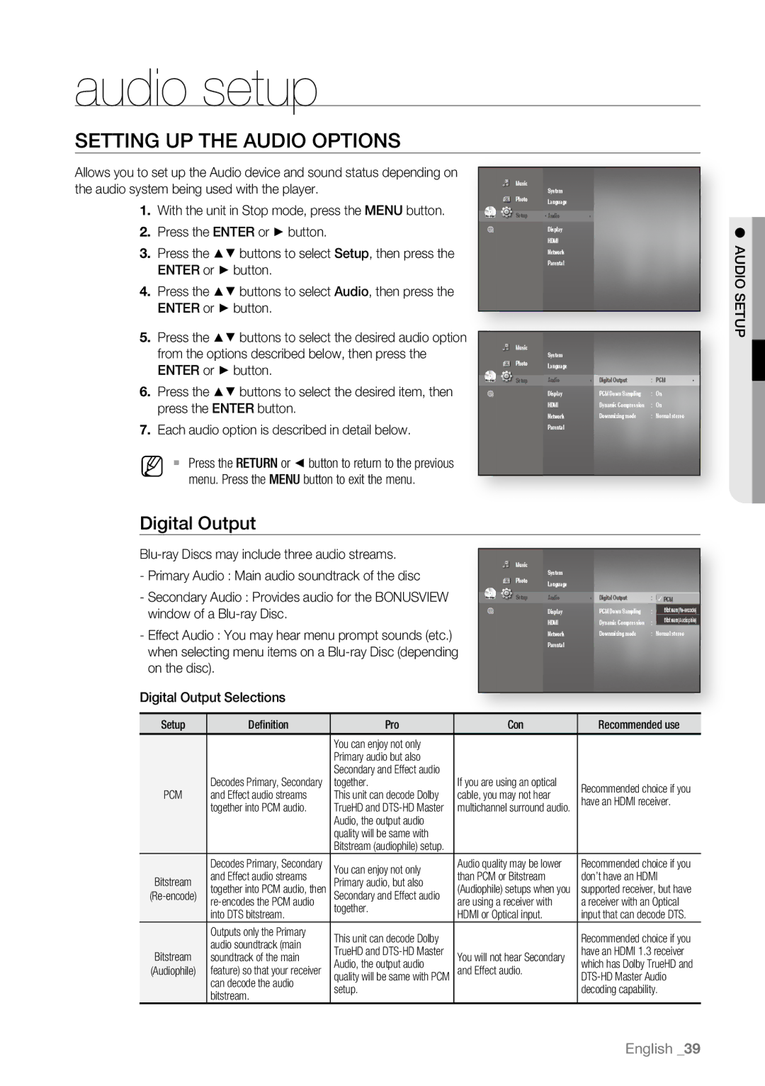 Samsung BD-P4600/XEU, BD-P4600/XEF, BD-P4600/EDC Audio setup, Setting up the Audio Options, Digital Output, Pute DIO SAU 