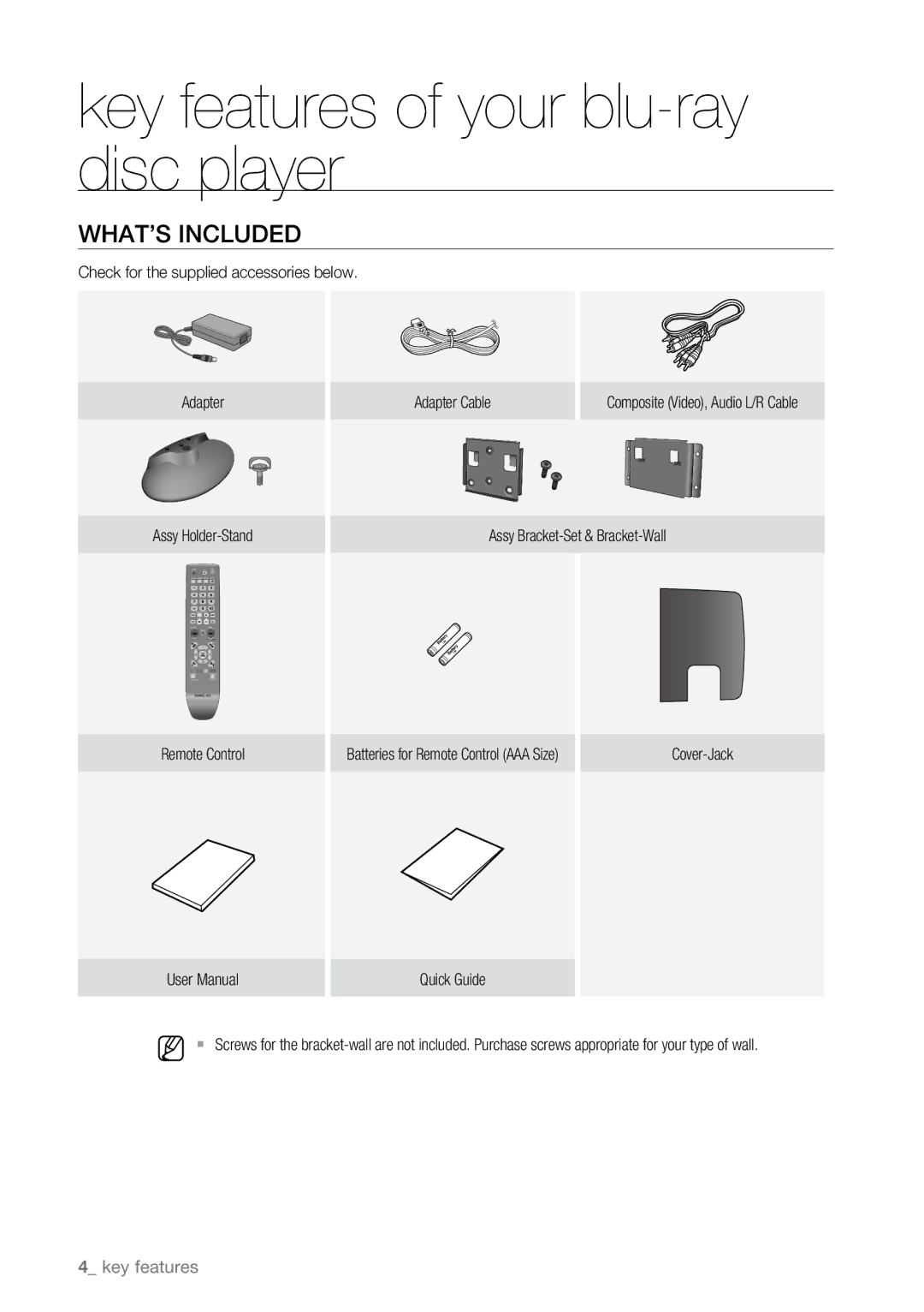 Samsung BD-P4600/XEU, BD-P4600/XEF, BD-P4600/EDC, BD-P4600/XEE manual What’s included 