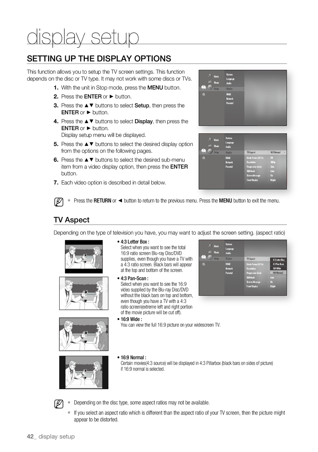 Samsung BD-P4600/EDC, BD-P4600/XEF, BD-P4600/XEE, BD-P4600/XEU manual Display setup, Setting up the display Options, TV Aspect 