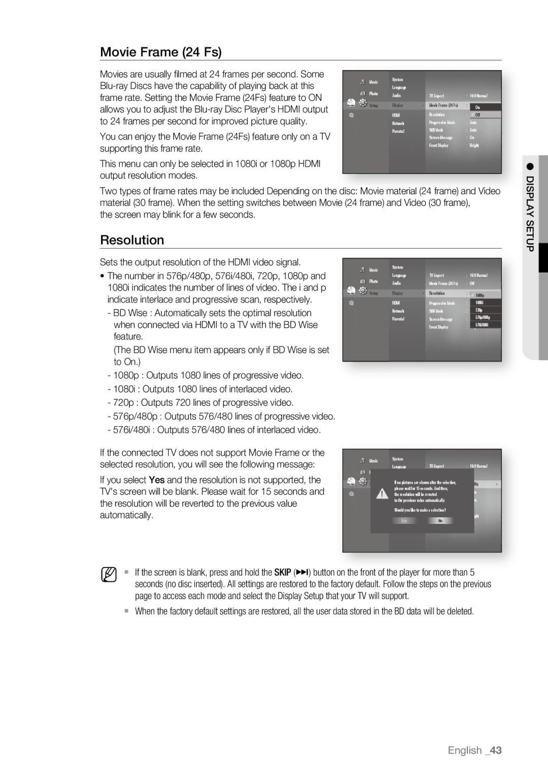 Samsung BD-P4600/XEE, BD-P4600/XEF Movie Frame 24 Fs, Resolution, Pute S AY, Screen may blink for a few seconds, Displ 