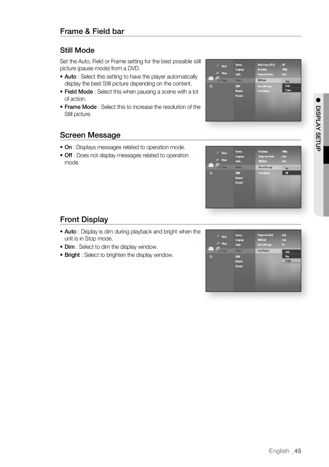 Samsung BD-P4600/XEF, BD-P4600/EDC, BD-P4600/XEE manual Frame & Field bar Still Mode, Screen Message, Front Display 