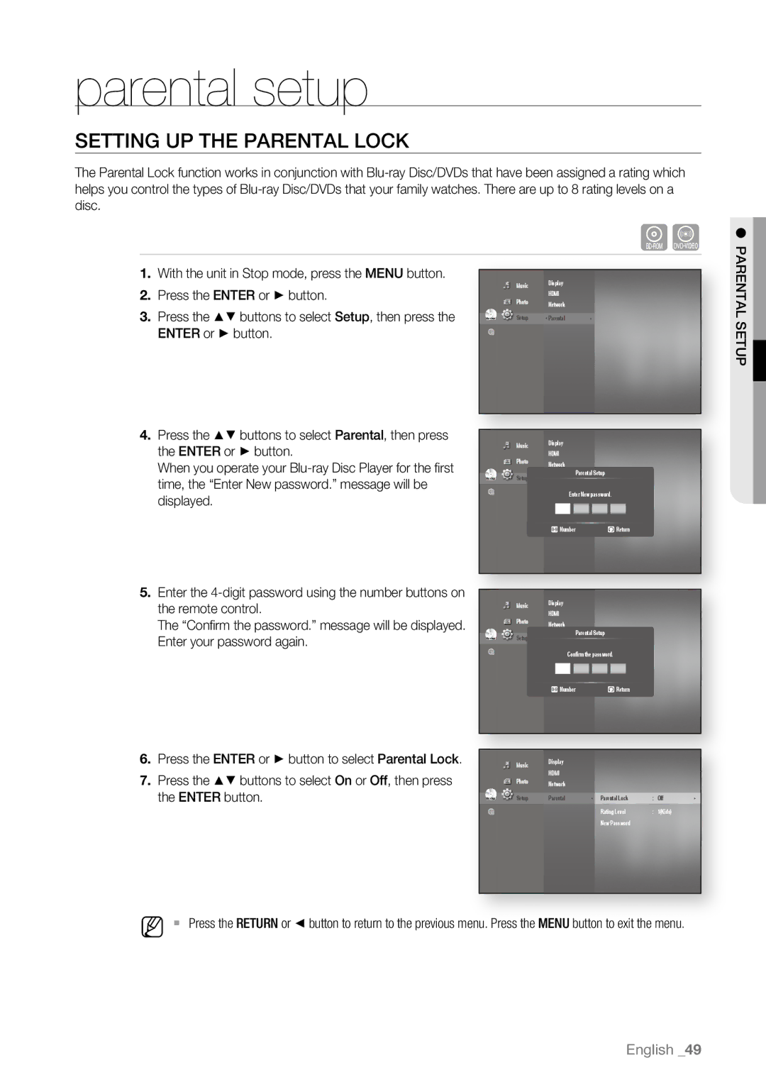 Samsung BD-P4600/XEU manual Parental setup, Setting up the Parental Lock, Press the Enter or button, Pute Last Paren 