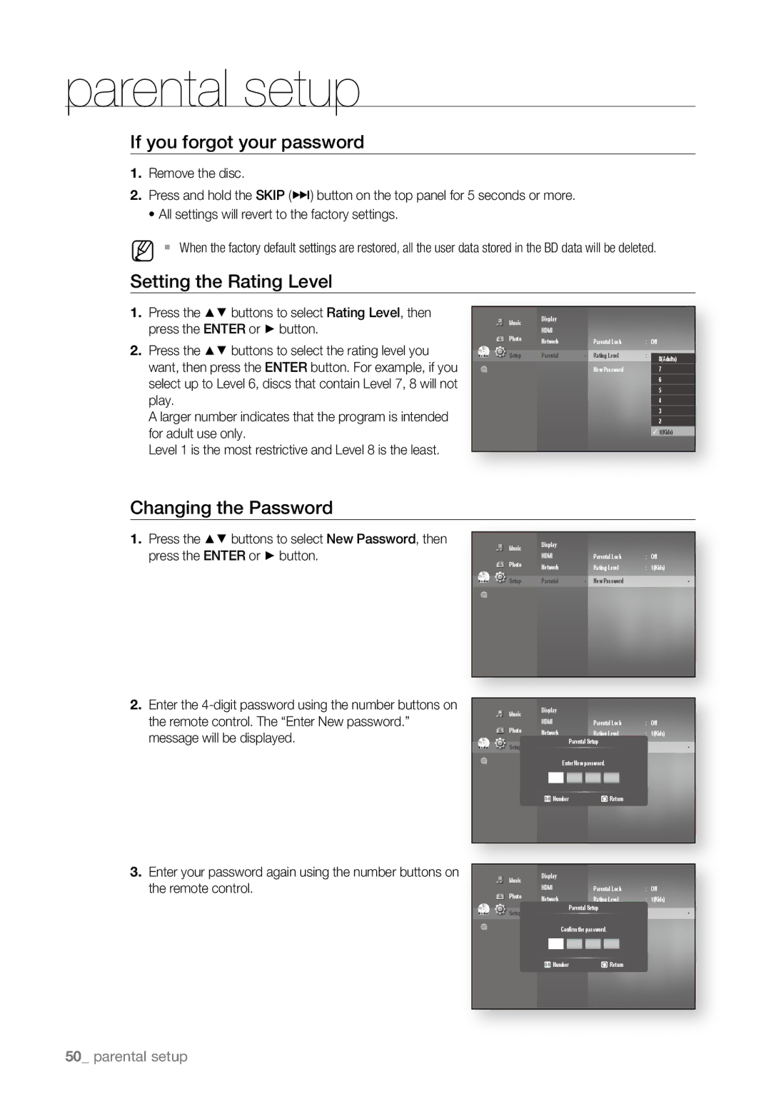 Samsung BD-P4600/XEF, BD-P4600/EDC manual If you forgot your password, Setting the Rating Level, Changing the Password 