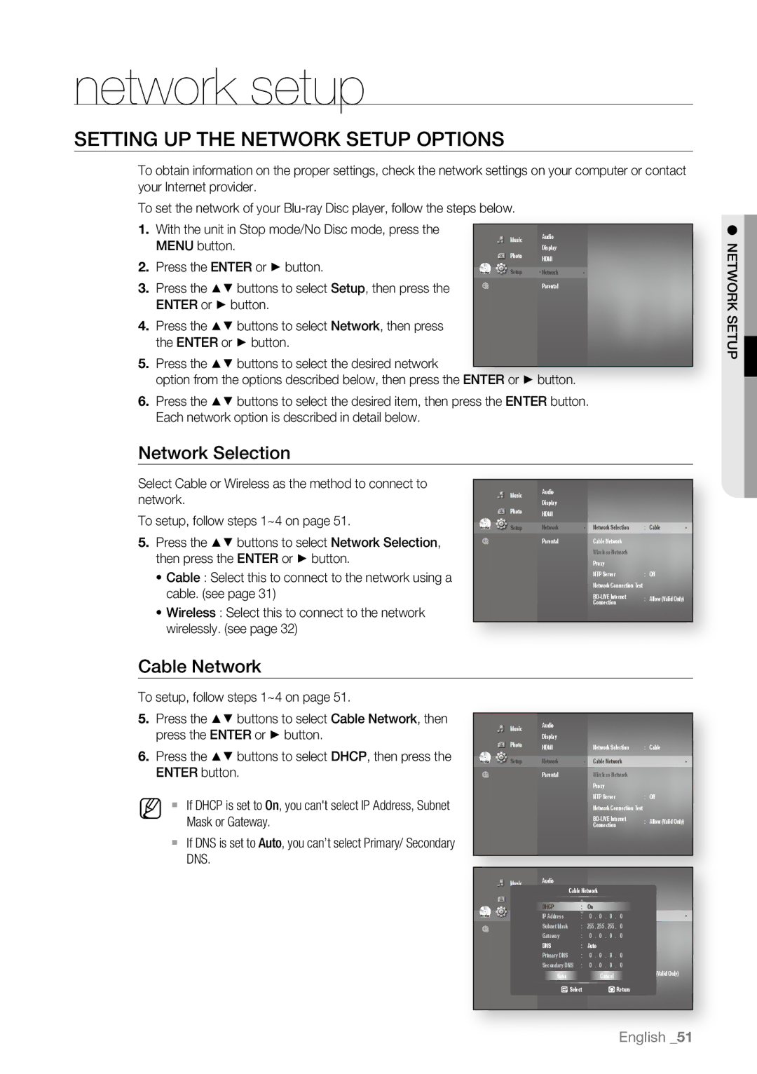 Samsung BD-P4600/XEF Network setup, Setting UP the Network Setup Options, Network Selection, Menu button, Enter or button 