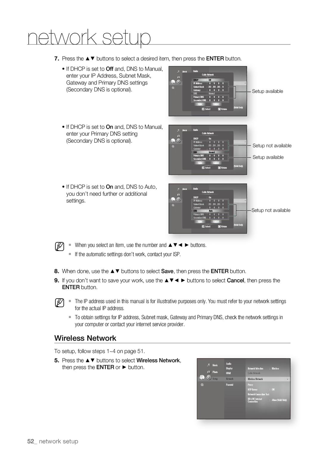 Samsung BD-P4600/EDC manual Enter your IP Address, Subnet Mask, Gateway and Primary DNS settings, Secondary DNS is optional 