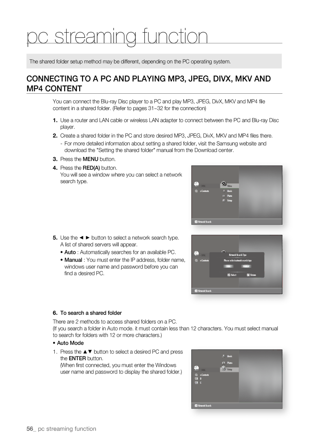 Samsung BD-P4600/XEF, BD-P4600/EDC Pc streaming function, Connecting to a PC and Playing MP3, JPEG, DIVX, MKV, MP4 Content 