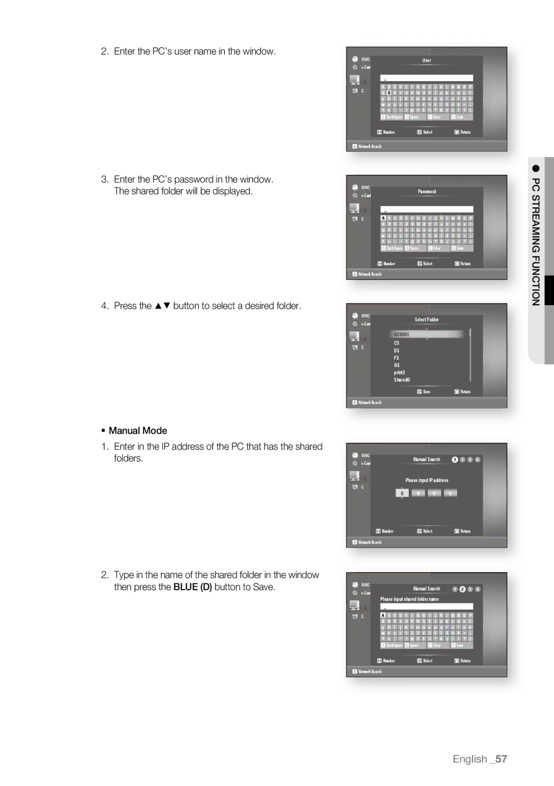 Samsung BD-P4600/EDC, BD-P4600/XEF, BD-P4600/XEE, BD-P4600/XEU Enter the PC’s user name in the window, Tio funcgn mi reastcp 