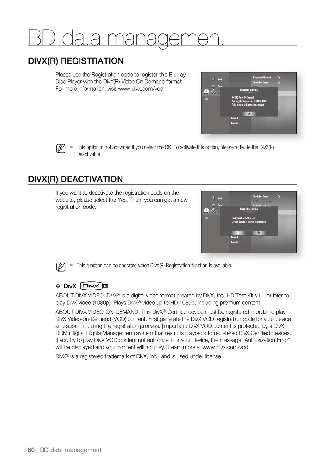 Samsung BD-P4600/XEF, BD-P4600/EDC, BD-P4600/XEE, BD-P4600/XEU manual Divxr Registration, DivXR Deactivation 